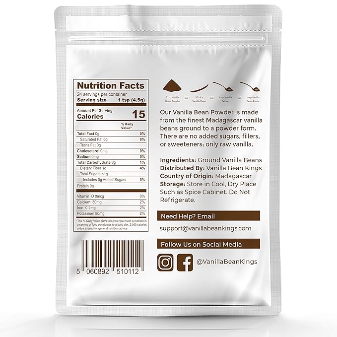 Organic Vanilla Bean Powder - 100% Pure Ground Madagascar - For Cooking, Baking & Additional Flavoring - Add To Coffee, Tea, Yogurt, & Shakes - Raw, Unsweetened, No Filler - 2 oz