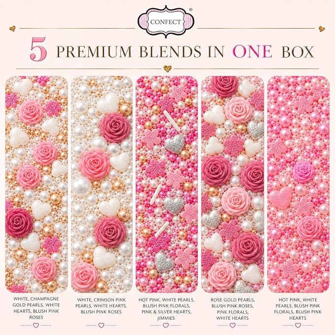 Confect Pink Mini Roses I Silver Hearts & Vermcelli and White Pearls | Anniversary Sprinkles | Sprinkles for Baking & Cake Decorative | Edible sprinkles - Vegan, Gluten-Free, Nut-Free, Soy-Free, Dairy-Free , Handcrafted Sprinkle 5 Oz