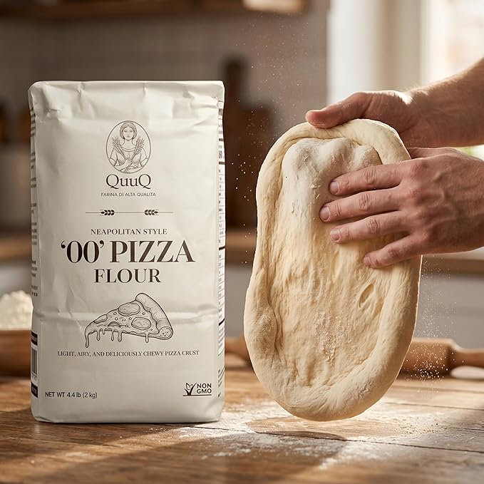 QuuQ 00 Pizza Flour 1 Pack 4.4 lb (2 kg), Type 00 Flour, Neapolitan Style, Ultra Fine Grind, Unbleached Unbromated Non-GMO Enriched Wheat Flour, Wood Fired and Home Oven Baking