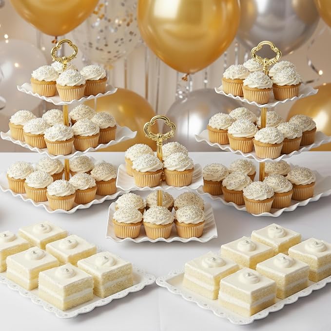 NWK 5 Piece Cake Stand Set with 2 x 3-Tier Cupcake Stands, 1 x2-Tier Cupcake Stands, 2 x Appetizer Trays, for Wedding Birthday Baby Shower Tea Party Decorations (5, Gold, Square)