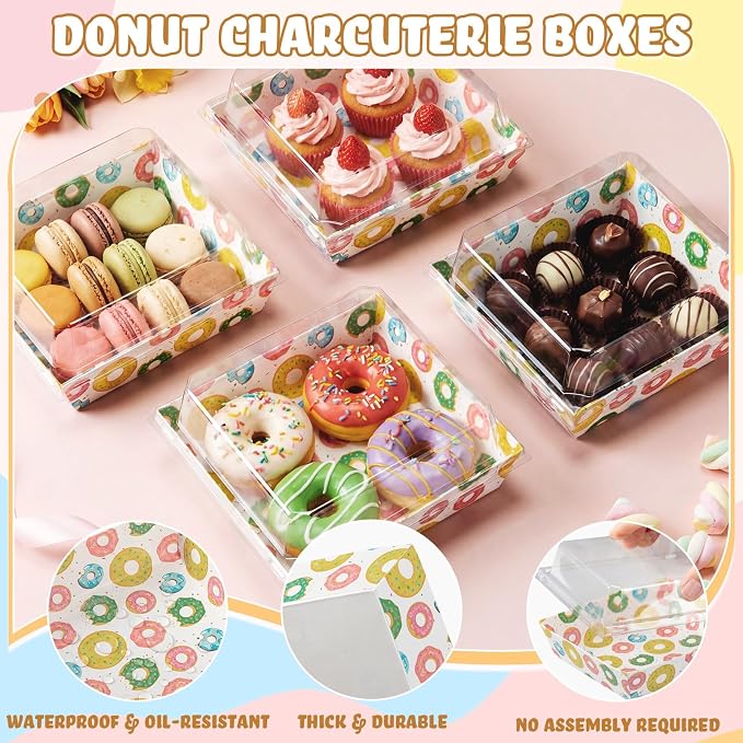 Potchen 50 Pack Bakery Boxes with Clear Lids, Disposable Charcuterie Treat Boxes for Cookies, Donuts, Cupcakes, Candy and Mini Cakes, Party Favor for Wedding and Gift Giving(Donut)