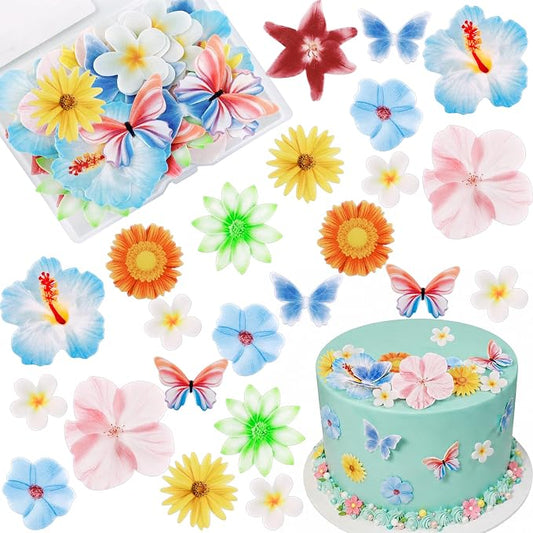 Morofme 60pcs Edible Flower Cake Topper Hawaiian Cupcake Toppers Wafer Paper Daisy Tropical Hibiscus Flower Cake Decorations Luau Themed Cupcake Decor for Summer Beach Aloha Birthday Party Supplies