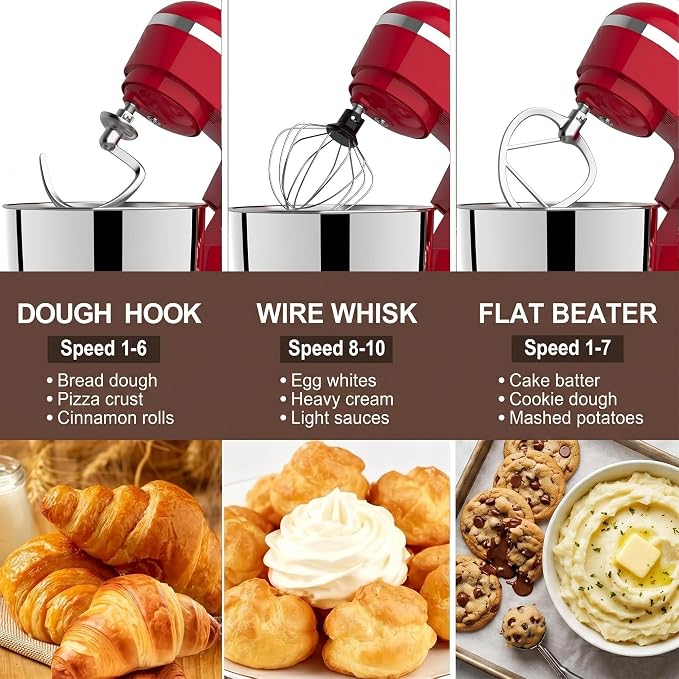 6in1 Stand Mixer with 6.5 Quart Bowl, 660W 10+p Speeds Kitchen Food Mixer Tilt-Head Bread Dough and Cake Mixers for Home Daily Use (Red)