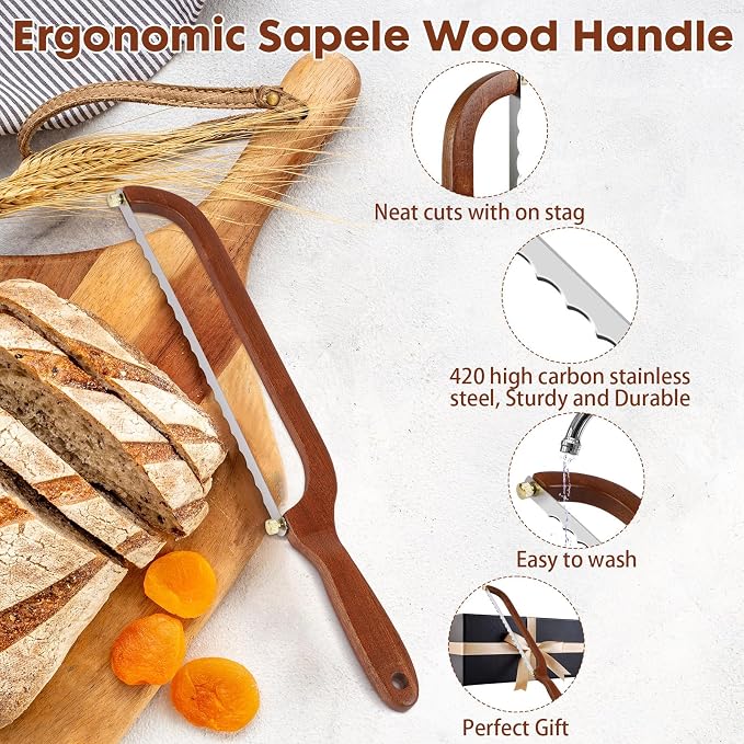 Bread Slicer for Homemade Bread - Wooden Sourdough Bread Knife with Bow Design - Premium Stainless Steel Serrated Saw Bread Cutter for Bagels, Baguettes Vegetables, Sandwich, Fruits with 2 Blades