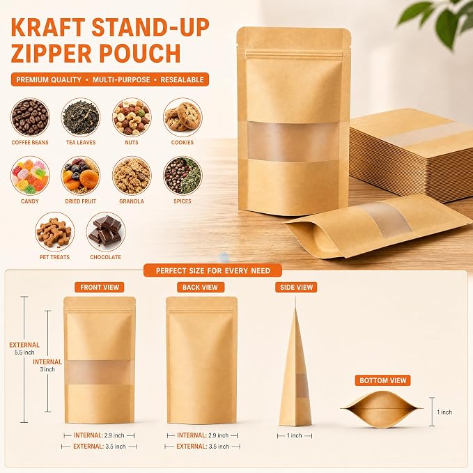 100 Pcs Kraft Paper Bags with Window, 3.5" x 5.5" Stand Up Pouches Bags, Food Storage Bags for Packaging Products, Reusable, Sealable