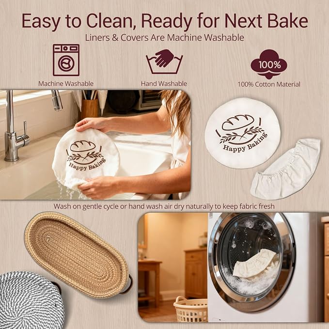Banneton Bread Proofing Basket Sourdough Basket Cotton Rope Bread Baskets | Howasai Sourdough Proofing Basket, 9''Round & 10''Oval Banneton Baskets With Liners & Covers, Cotton Rope Bread Baskets