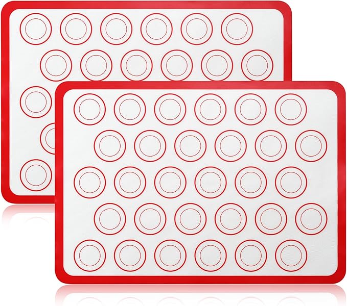 Luckyiren 2-Pack Baking Mat with Circles – Silicone Macaron & Cookie Sheet Liners, Non-Stick BPA-Free Reusable Silicone Mats for Half Sheet Pans for Precision Baking & Candy, White with Red Edge