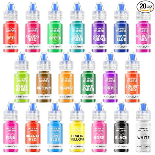 Gel Food Coloring Cake Decorating Set - Jelife 20 Colors Gel Based Flavorless Edible Food Color Dye Vibrant Concentrated Neon Icing Colors for Kids Baking Macaron Frosting Fondant Cookie (6ml/Bottles)
