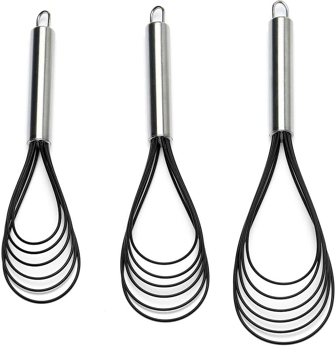 Flat Whisk Set,Stainless Steel 3 Pack 10''+11''+12'' Premium Sturdy-6 Silicone Heads Non Stick Wires Whisk for Blending Beating Stirring Kitchen Cooking by Jell-Cell (Black)