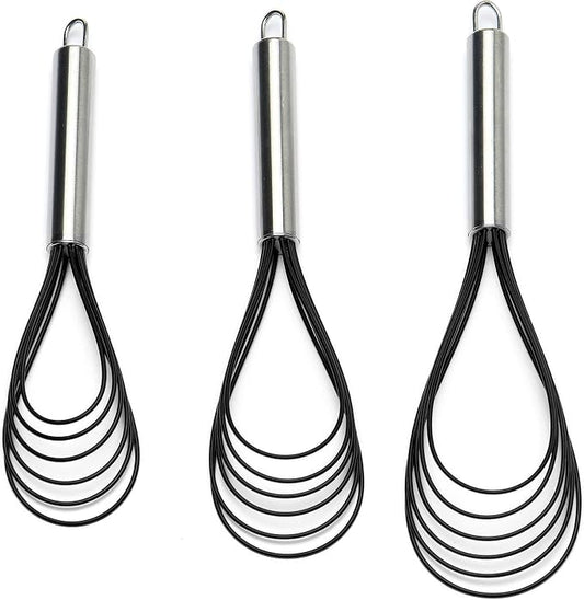 Flat Whisk Set,Stainless Steel 3 Pack 10''+11''+12'' Premium Sturdy-6 Silicone Heads Non Stick Wires Whisk for Blending Beating Stirring Kitchen Cooking by Jell-Cell (Black)