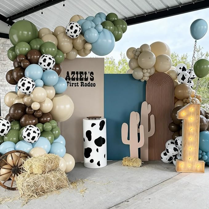 Cowboy Blue Green Brown Balloon Garland Arch Kit, 144Pcs Light Pink Sage Green Cream Cow Balloons for Birthday Baby Shower First Rodeo Cowboy Western Themed Party Decorations