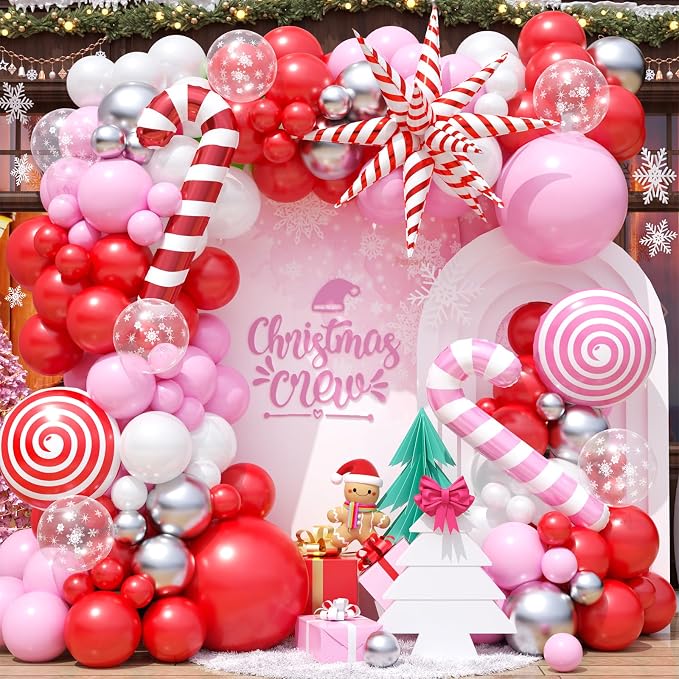 Christmas Balloon Arch Kit, 108 Pcs Xmas Snowflake Balloons, Red Pink Silver White Latex Balloons Candy Cane Foil Balloons for Xmas Baby Shower Winter Birthday Wonderland Christmas Party Decorations