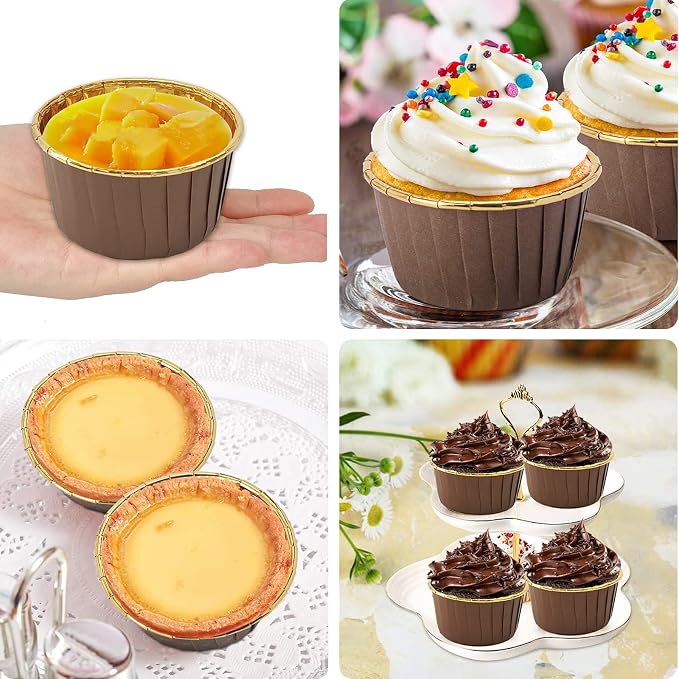 Foil Cupcake Liners With Dome Lids 100 Pack,LNYZQUS 5.5 Oz Muffin Cups Muffin Tins,Disposable Ramekins Cupcake Cups Wrappers Holders,Large Muffin Liners Baking Cups,with Spoons-Brown in Gold