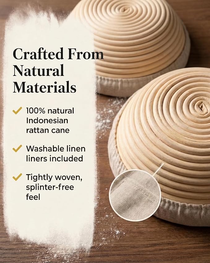 Banneton Bread Proofing Basket with Liners - Natural Rattan Dough Riser, Sourdough Bread Basket, Artisan Bread Loaves, Homemade Bread Making - 2 Pack 9 " Round Basket