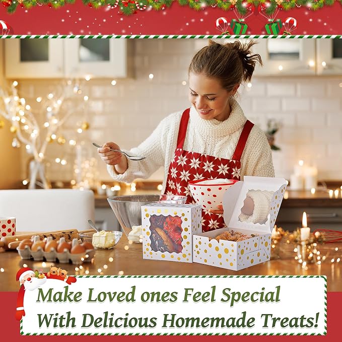 32Pcs 6x6x3 in Christmas Cookie Boxes with Window, White Bakery Boxes for Cookie, Treat Boxes Pastry Boxes for Gift Giving, Chocolate Covered Strawberries, Dessert, Donut, Cupcakes Muffins