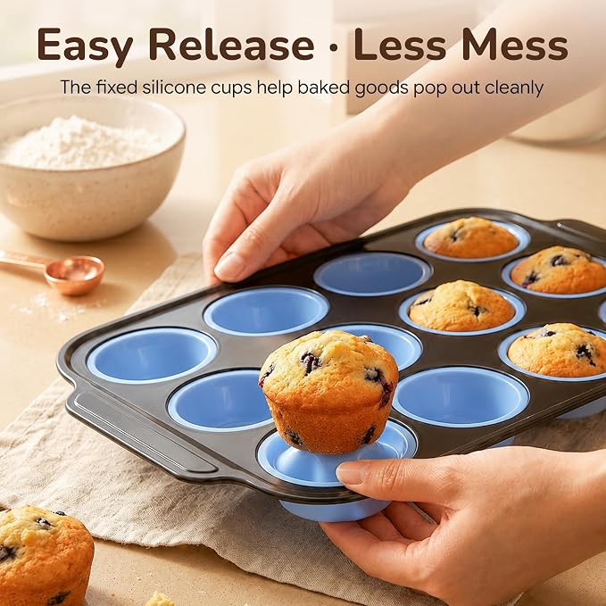 Silicone Muffin Pans for Baking with Metal Reinforced Frame, Muffin Tin Egg Bites Mold 12-Cup Regular Size, Nonstick Muffin Cups Tray Easy to Pop Cupcake Pan for Oven & Dishwasher Safe