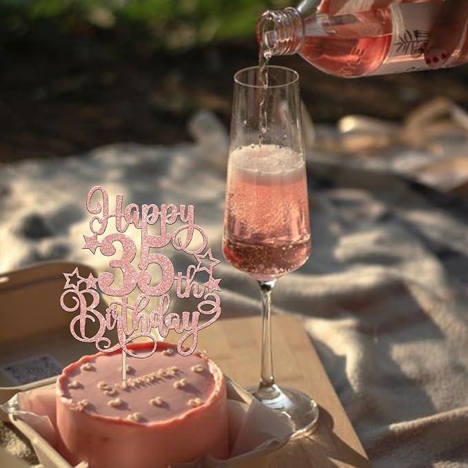 1 PCS Happy 35th Birthday Cake Topper Glitter Cheers to 35 Years Birthday Cake Pick Hello 35 Fabulous Cake Decoration for Happy 35th Birthday Anniversary Party Decorations Supplies Rose Gold