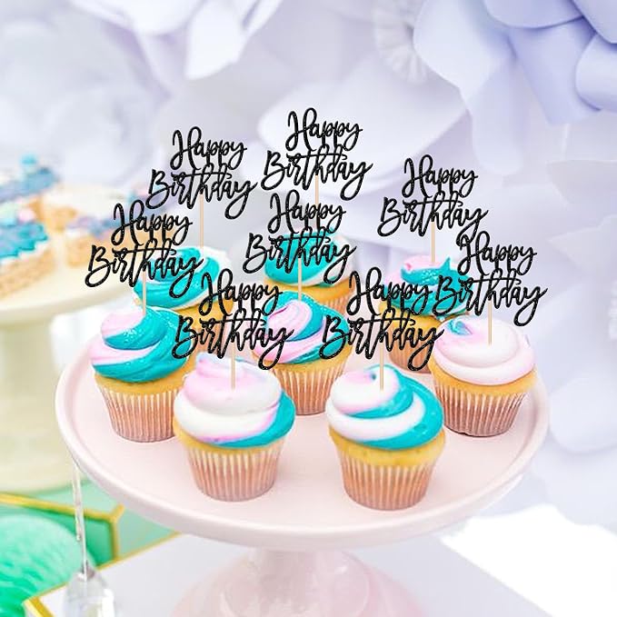 24 PCS Glitter Cupcake Toppers - Happy Birthday & Anniversary Cake Decorations - Black