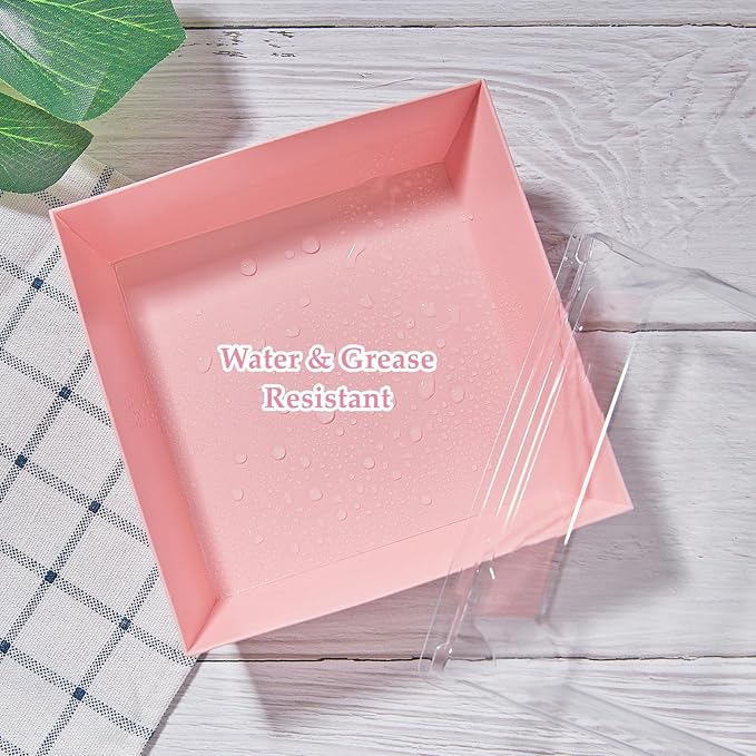 Ocmoiy 50 Pack Small Charcuterie Boxes with Clear Lids 4x4 Inch, To Go Disposable Paper Food Containers Bakery Treat Boxes for Desserts, Cake Slice, Cookies, Strawberries (Pink, 50)