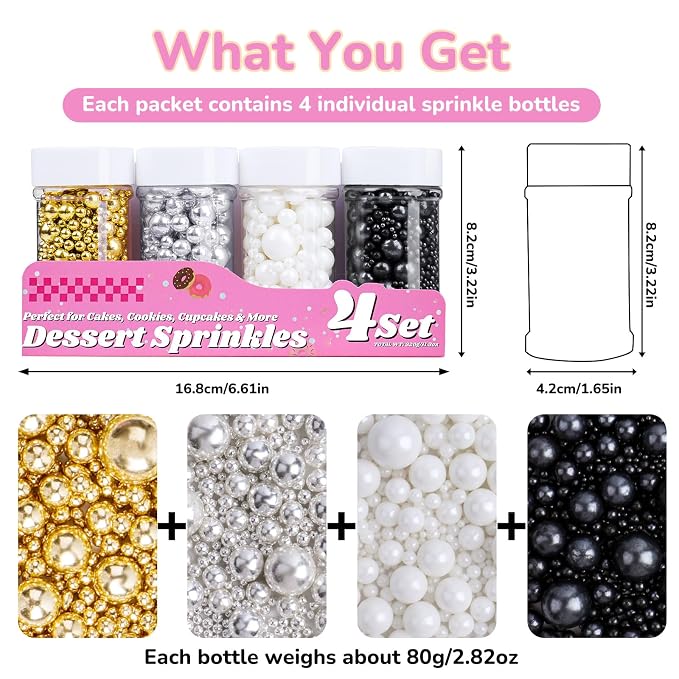 Pearl Sprinkles for Cake Decorating, 11.3oz/320g Edible Pearls White Silver Black Gold Sprinkles, 6 Sizes 4 Colors Set for Baking Cupcakes Cookies