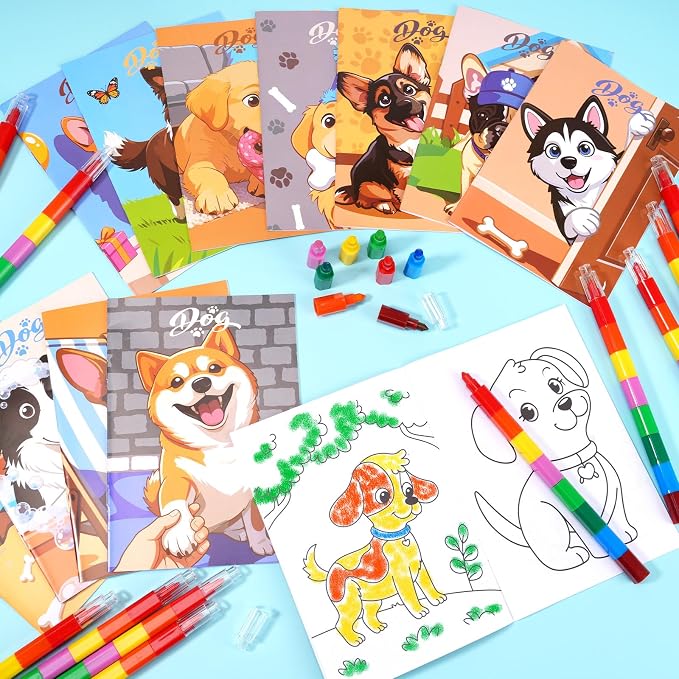 BenLouis 12 Dog Mini Coloring Books Kids with 12 Stacking Crayons Cute Puppy Party Favors Small Activity Books Bulk for Kids Pet Paw Party Gift Goodie Bag Stuffers