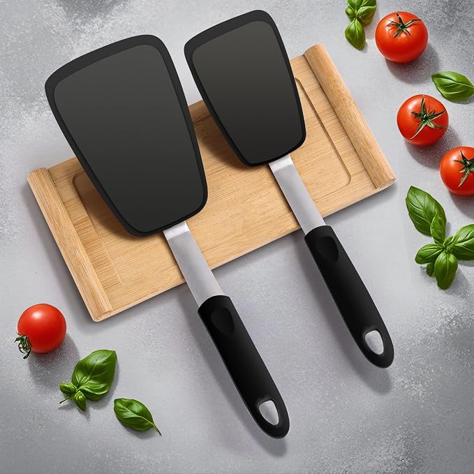 2 Pack Flexible Silicone Spatula Turner, Non Scratch Cookware Safe Cooking | Mepple 600°F High Heat Resistant Rubber Non-Stick Spatula, Ideal for Eggs, Burgers, Crepes, Fish Flipping and More,Black