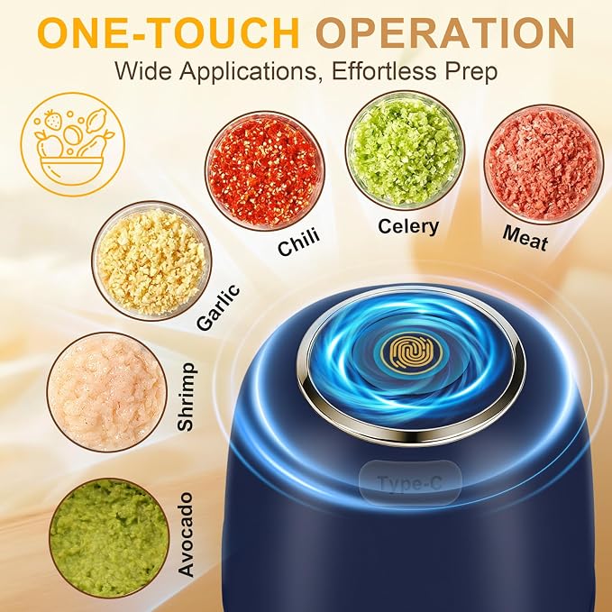 Portable Electric Garlic Chopper, 2 Bowls(1 Cup&1.5 Cup) Cordless Mini Food Processor【Up-Durable Motor】【2 Sets 304 Stainless Steel Blade】Grind for Garlic,Onion,Meat,Baby Food,BPA FREE(BLUE)