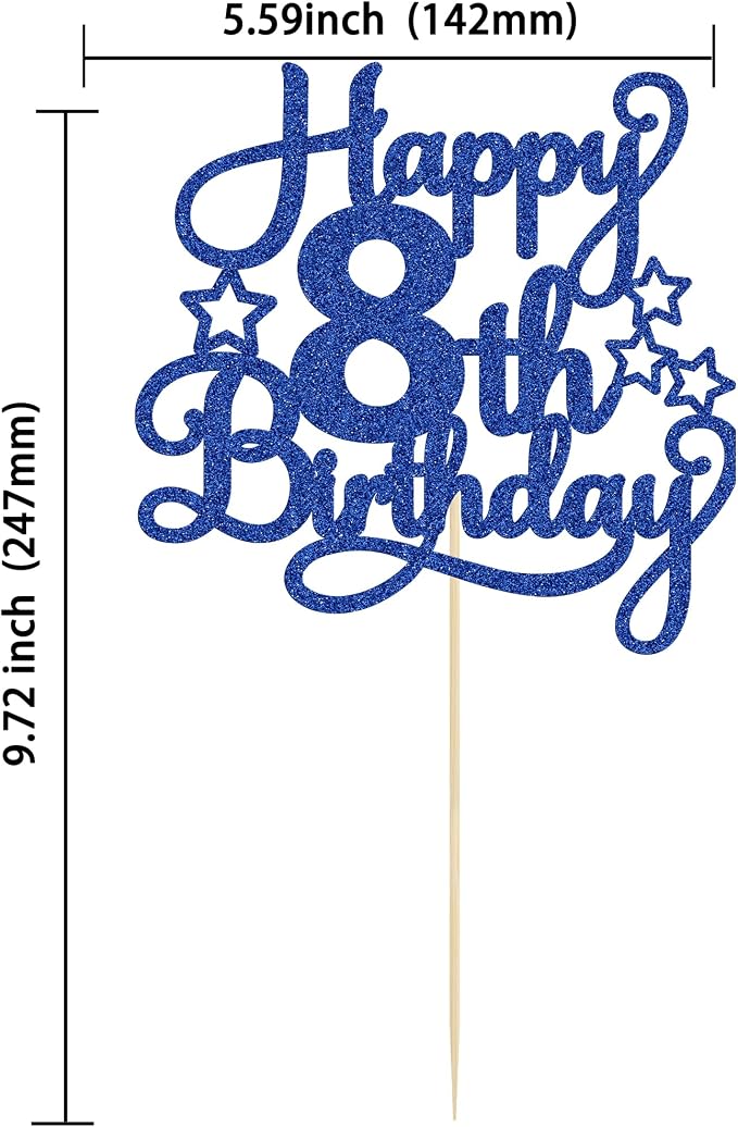 1 Pack Happy 8th Birthday Cake Topper Blue Glitter 8th Birthday Cheers to 8 Years Old Cake Pick for Celebrating Anniversary Party Cake Decorations Supplies