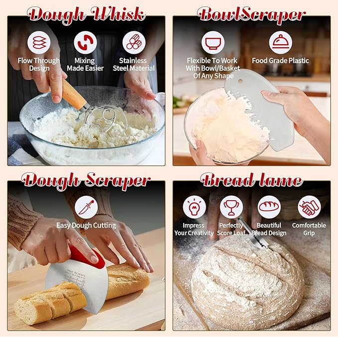 Sourdough Starter Kit,Gift for Bakers Sourdough Bread Baking Supplies,34oz Starter Jar, 2 Cotton Rope Proofing Baskets & More for Sourdough Starter Bread Making Baking Fermentation