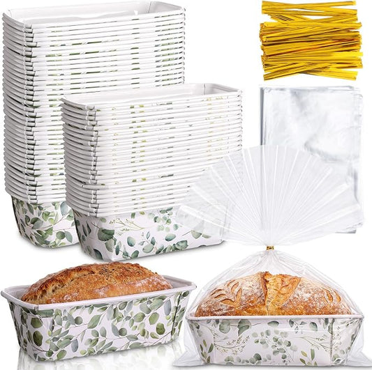 Hushee 50 Set Eucalyptus Paper Loaf Pans with Bags & Ties, 6.3x2.2x2.2 Disposable Mini Bread Baking Molds Rectangle Greaseproof Cake Liners for Gifts Wrapping Wedding Favors Sourdough Banana Bread