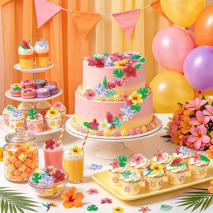 74pcs Edible Tropical Flowers Cake Toppers Hawaii Hibiscus Cupcake Decor | Morofme Edible Flowers Cake Topper Tropical Leaves Cupcake Topper Edible Aloha Cupcake Toppers for Summer Birthday Party
