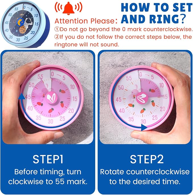 Tellegloww 3 Pcs Visual Timer for Kids 60 Minute Desk Mechanical Countdown Timers with Magnetic Backing Foldable Legs Hanging Hole for Kitchen Cooking Classroom Whiteboard, Kids with Autism