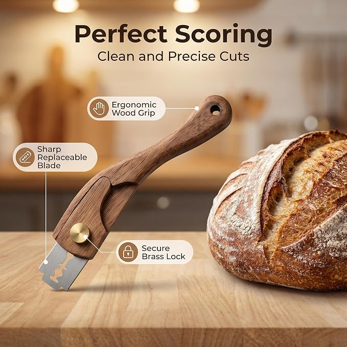 Bread Lamb Dough Scoring Tool, Wooden Sourdough Scorer Tool with 5 Blades, 100% Walnut Wood Scoring Knife for Bread Baking & Sourdough Baking(Gift Box)