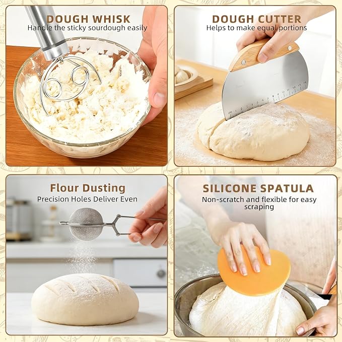 Sourdough Bread Baking Supplies Kit, Banneton Bread Proofing Basket, Complete Sourdough Tools Ideal Gifts for Bakers Women Mom Wife