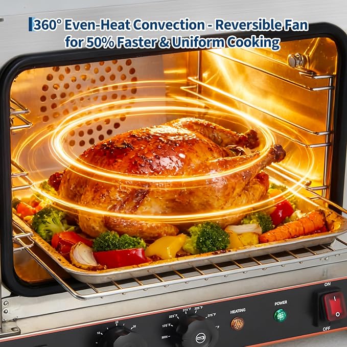 Commercial 22L Convection Countertop Oven - 2400W 3-Tier Electric Toaster Oven with 360° Hot Air Circulation - Stainless Steel Baking Oven with Temp Control (122-572°f) & Timer