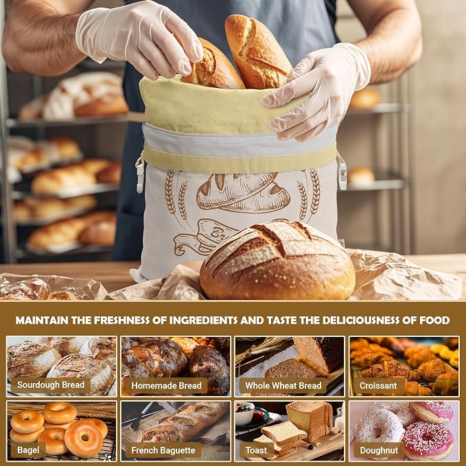 Large Linen Beeswax Bread Bags(2 Pack) Sourdough Bread Bags Reusable Double-Lock Freezer Baking Container Gift Giving for Homemade,Loaf,Sourdough,Food Storage (Artisan Bread Sketch Print, 2Pack)