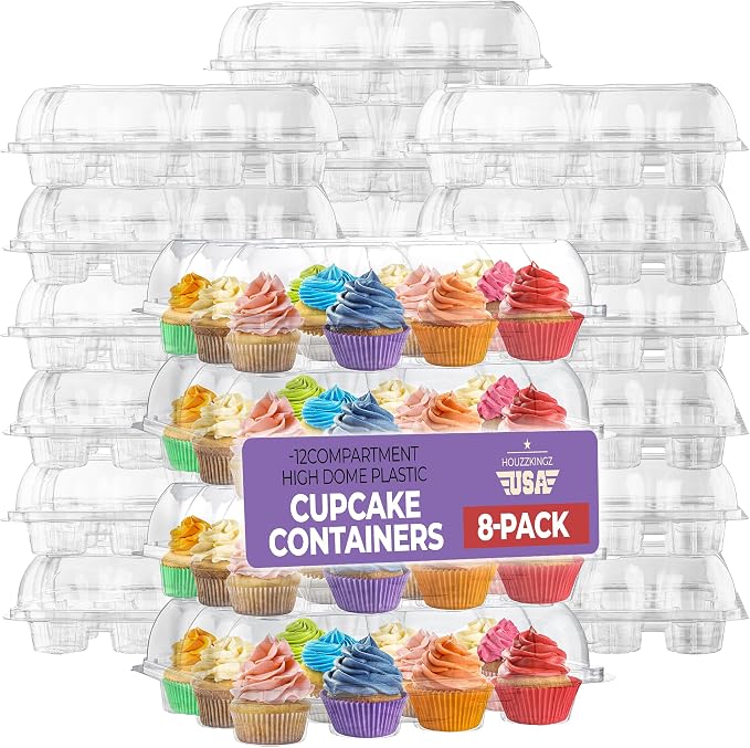 Plastic Cupcake Containers Boxes | 12 Compartment – 8 Pack | Disposable High Dome Dozen Cupcake Holder With Lid Bulk | Extra Sturdy Stackable Cupcake Boxes | Durable Muffin Packaging Transporter To Go