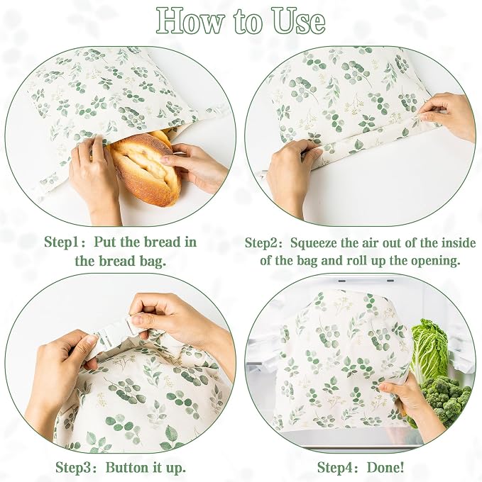 Reusable Beeswax Bread Bags - 2 Pack Bees Wax Food Bag, Homemade Sourdough Bread Storage, 2-in-1 Linen Cotton Large Freezer Container Home Baking Accessories with Lining (Eucalyptus Leaf)