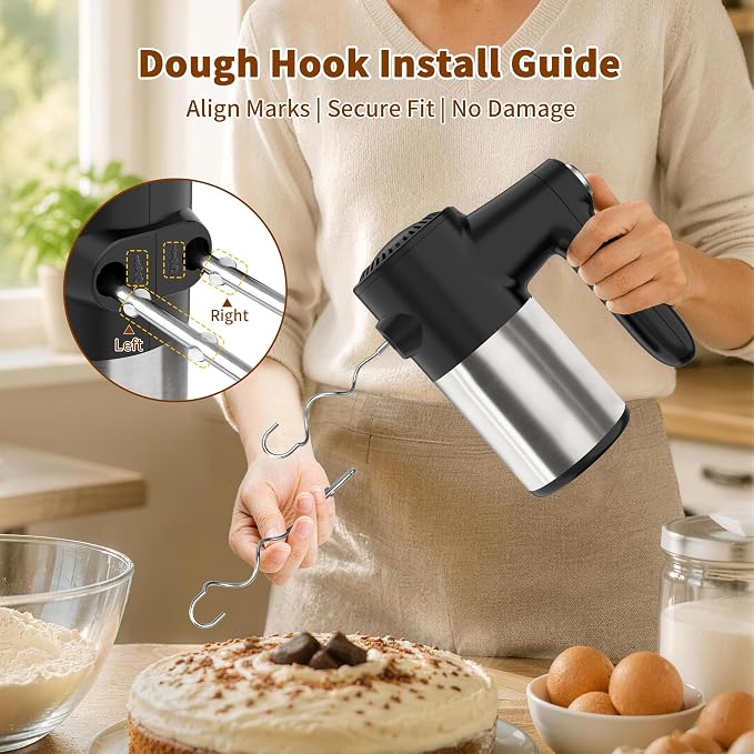 Cordless Electric Hand Mixer, 7 Speed Rechargeable Wireless Handheld Mixer with Eject Button, Long Battery, Quiet Anti-Splash, 6×304 Stainless Steel Attachments & Storage Base for Baking (Black)