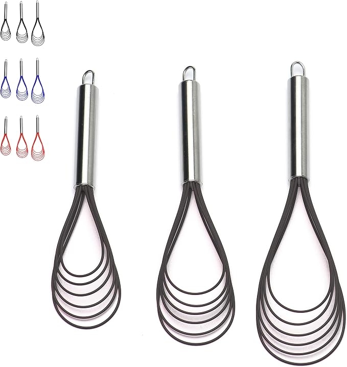 Flat Whisks Stainless Steel,3 Pack 10''+11''+12'' Set Premium Sturdy-6 Silicone Heads Non Stick Wires Whisk for Blending Beating Stirring Kitchen Cooking Color Grey by Jell-Cell