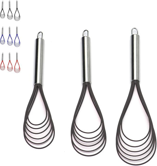 Flat Whisks Stainless Steel,3 Pack 10''+11''+12'' Set Premium Sturdy-6 Silicone Heads Non Stick Wires Whisk for Blending Beating Stirring Kitchen Cooking Color Grey by Jell-Cell