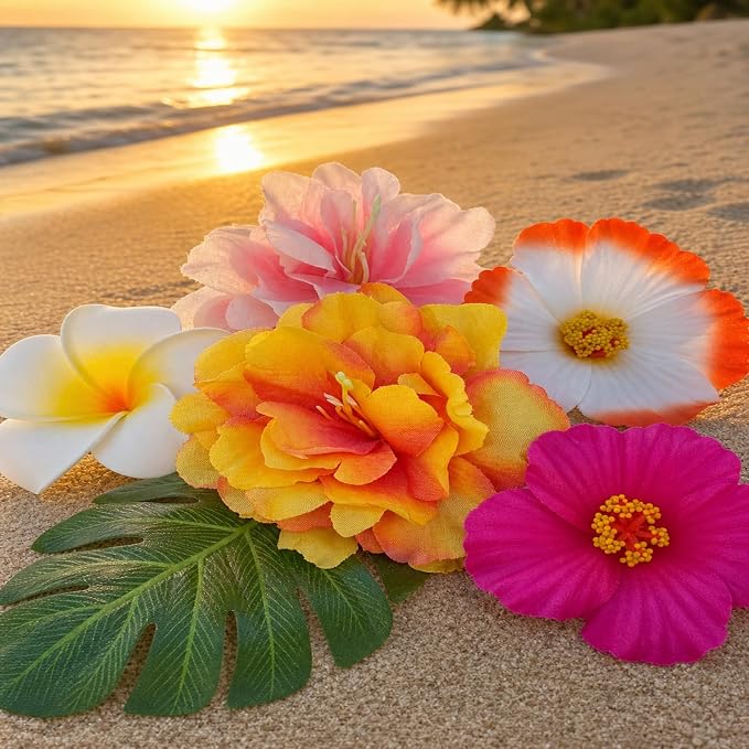 18Pcs Hawaiian Flowers Cake Decorations, Tropical Luau Cake Toppers with Hibiscus and Palm Leaves, Summer Cupcake Toppers, Non-Edible Aloha Beach Party Supplies for Birthday Celebration