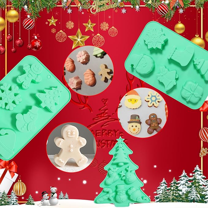 Silicone Christmas Mold - 3 Pack Nonstick Chocolate & Candy Mold for Baking, Cake Decoration & Handmade Soap - Includes Xmas Tree, Santa & Snowman