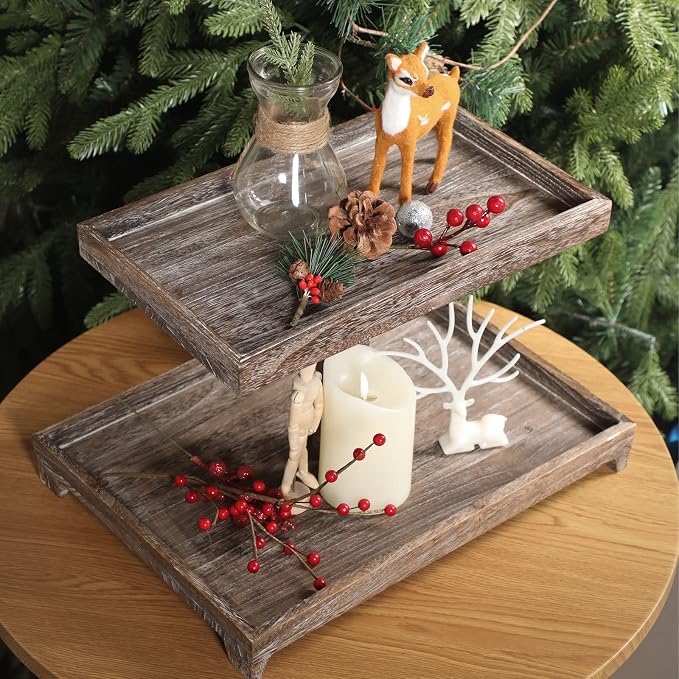 Yalikop Farmhouse Tiered Tray Stand - Wooden Rustic 2 Tier Rectangular Tray Serving Stand for House Kitchen Cake(Brown)