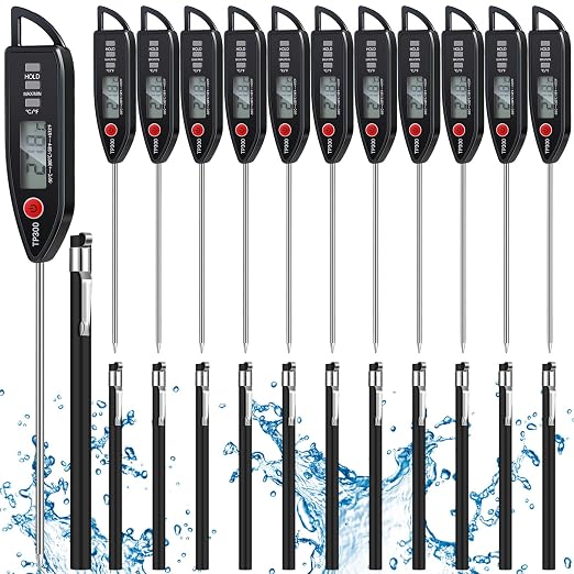 Copkim 12 Set Waterproof Food Thermometer for Water, Liquid, Candle and Cooking Digital Meat Thermometer with Long Probe Instant Read for Kitchen BBQ Grill Candy (Black)