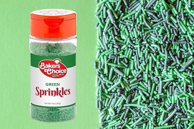 Bakers Choice Green Sprinkles for Baking - Jimmies Sprinkles for Ice Cream Toppings - Dairy Free, Kosher 2.8 oz.