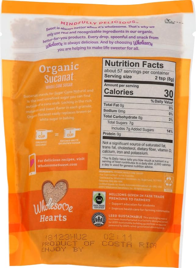 Wholesome Sweeteners 32-Ounce Organic Sucanat Panela Whole Cane Sugar, Fair Trade, Non-GMO Project Verified, Gluten Free & Vegan for Baking, Sprinkling and More, 12 Pack
