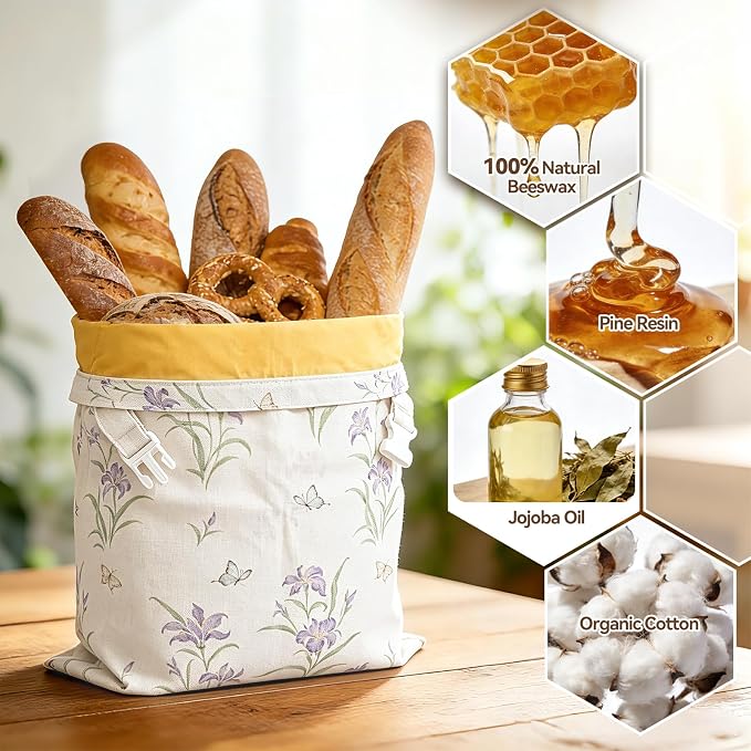 Beeswax Bread Bags for Sourdough, 2 pcs XL Zipper Reusable Bread Bags for Homemade Bread, Cotton and Linen Food Storage Bags for Bakery, Pantry, Long-Lasting Freshness (Purple Floral)