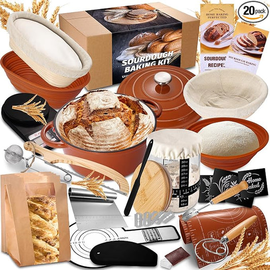 EWFEN Sourdough Starter Kit with Enamel Cast Iron Pot, Complete Sourdough Bread Baking Supplies, Round & Oval Bread Proofing Basket with 34 Oz Starter Jar, Bread Making Tools Kit