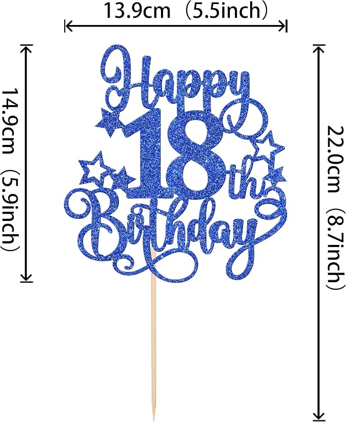 1 PCS Happy 18th Birthday Cake Topper Glitter Cheers to 18 Years Birthday Cake Pick Hello 18 Fabulous Cake Decoration for Happy 18th Birthday Anniversary Party Decorations Supplies Blue